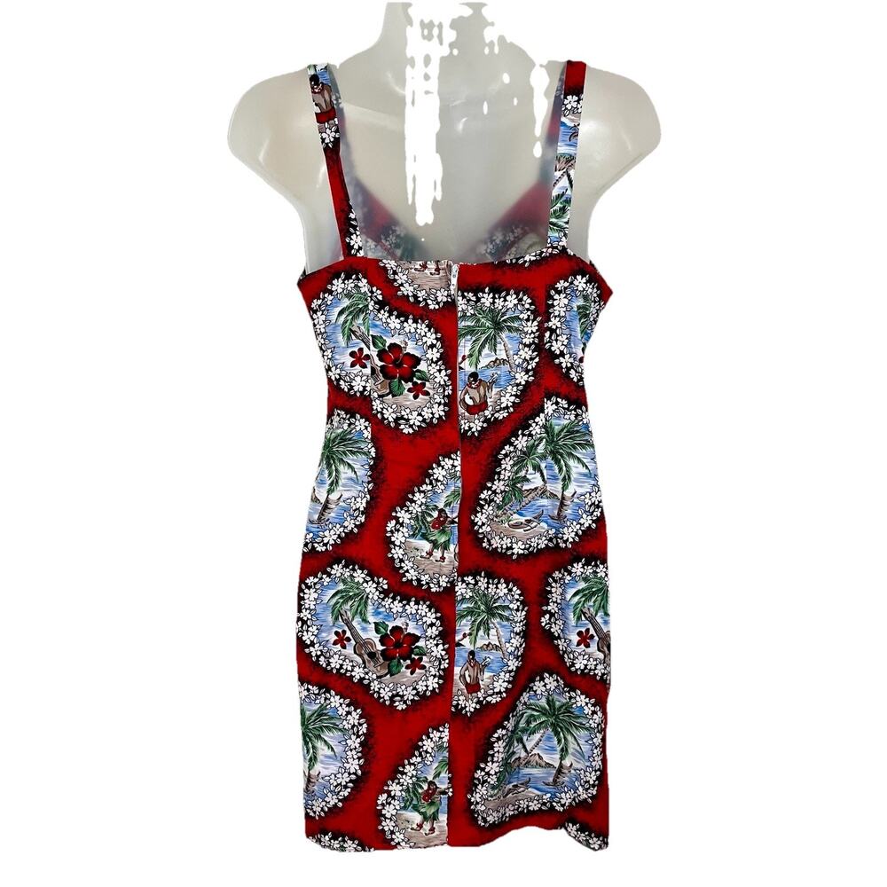 Aqua Blues Vintage 90s Y2K Hawaiian Hula Girl Sundress Red Tropical Print XS/S - Picture 2 of 3